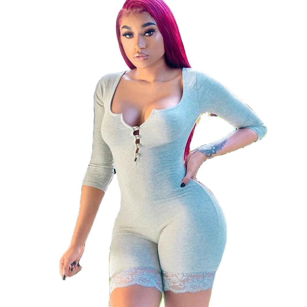 

Fashionable and beautiful woman exclusive dress tight long sleeve stitching lace enticing sexy girl jumpsuit, Blue grey