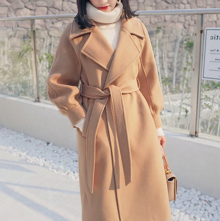 

hb7092a Plus Size Loose Warm Wool Blends Long Winter Coat Turn-down Collar Adjustable Belt Wool Coats Elegant, Pink, beige, caramel, camel