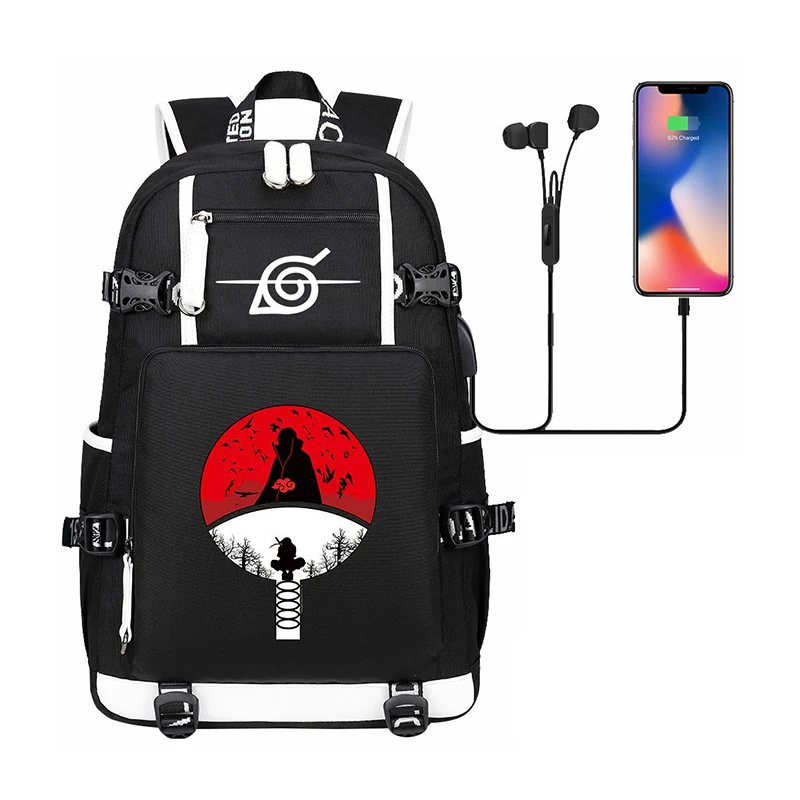 

Fashion Anime Sasuke Symbol Print Travel Bag With USB Student School Bags Large Capacity Other Backpacks For Outdoor