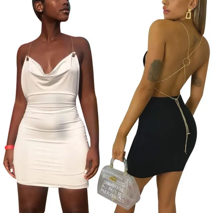 

Sexy Backless Solid Bodycon Dress Sleeveless Neck Straps Chain Mini Dress Women Fashion Vintage Dress 2020 New, White/black