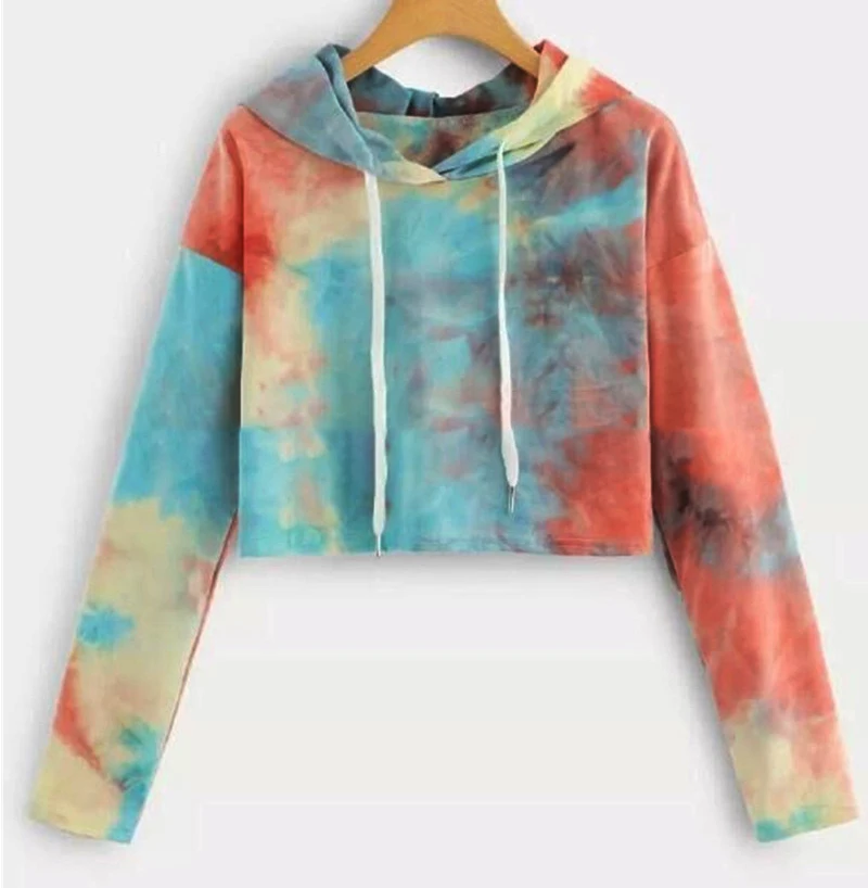 

Rummandy Women Contrast Drawstring Long Sleeve Cropped Top Tie Dye Hoodie, Customized color