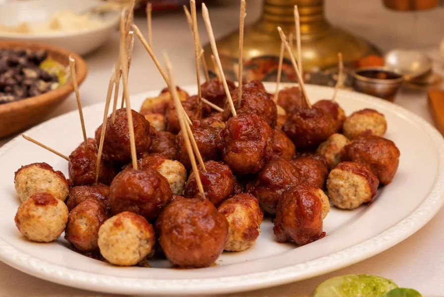 Platter of grape jelly chili sauce meatballs served with toothpicks at a party