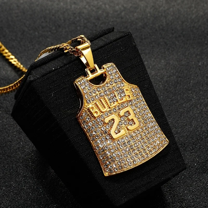 

Bling Jersey Diamond 18K Gold Necklace Jewelry Jordan & James BULLS 23 Number Celebrity Pendant Steampunk Chain Necklace, Gold and silver