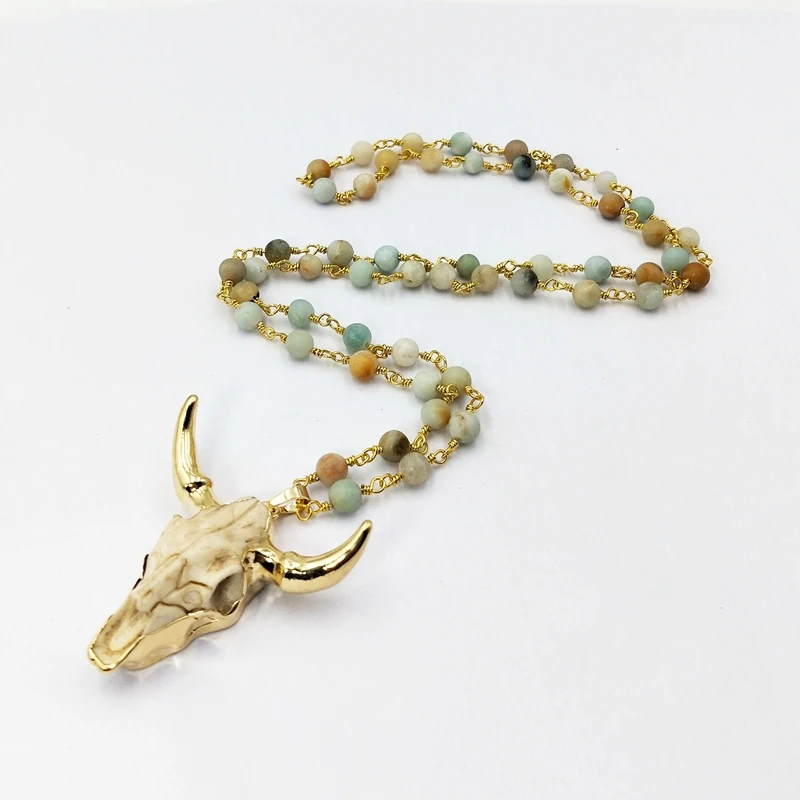 

Wholesale Natural 6mm Amazonite Rosary Chain Jewelry Gold Plated OX Cow Head Cattle Head Bull Horn Pendant Beaded Necklace, White druzy necklace