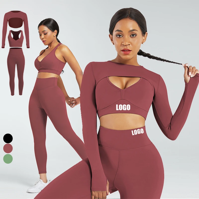 

Breathable 2021 Long Sleeves Sports Cut-Out Fitness Gym Crop Top Women Workout Sets Sportswear, As show
