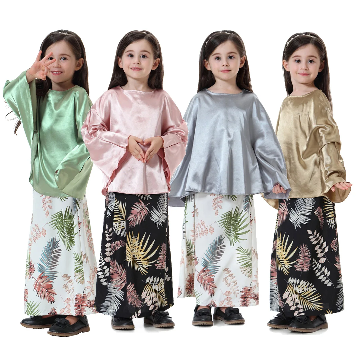 Fashion traditional muslim kids clothes satin girls 2 piece sets islamic clothing, Gray,pink,brown,green