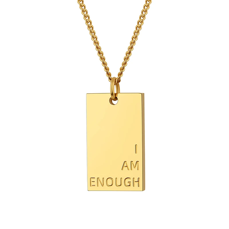 

Stainless Steel I Am Enough Personalized Unisex Geometric Engrave Word Necklace Statement Logo Gold Plated Square Shape Necklace, Silver(steel), gold, rose gold
