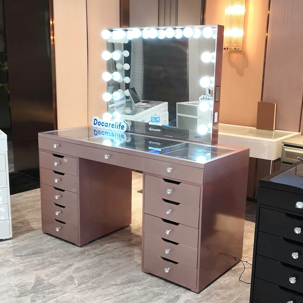 

Stock on US! Docarelife MDF Wood 13 Drawers Makeup Dressing Vanity Table with Lighted Hollywood Mirror