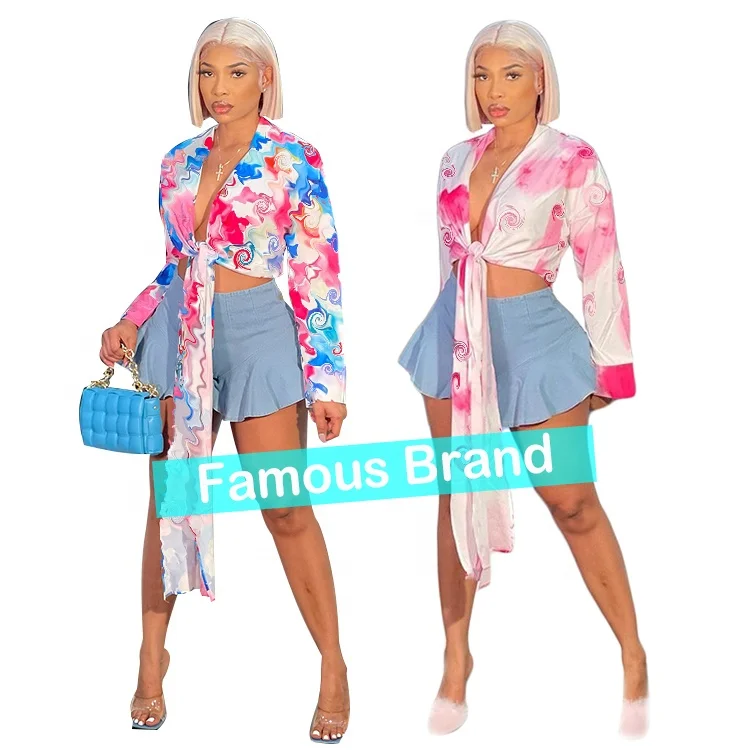 

Hot Selling Fall Designer Women Clothing Long Sleeve Letter Print Blouse Top Sexy V Neck Tie Up Knot Blouse Shirts