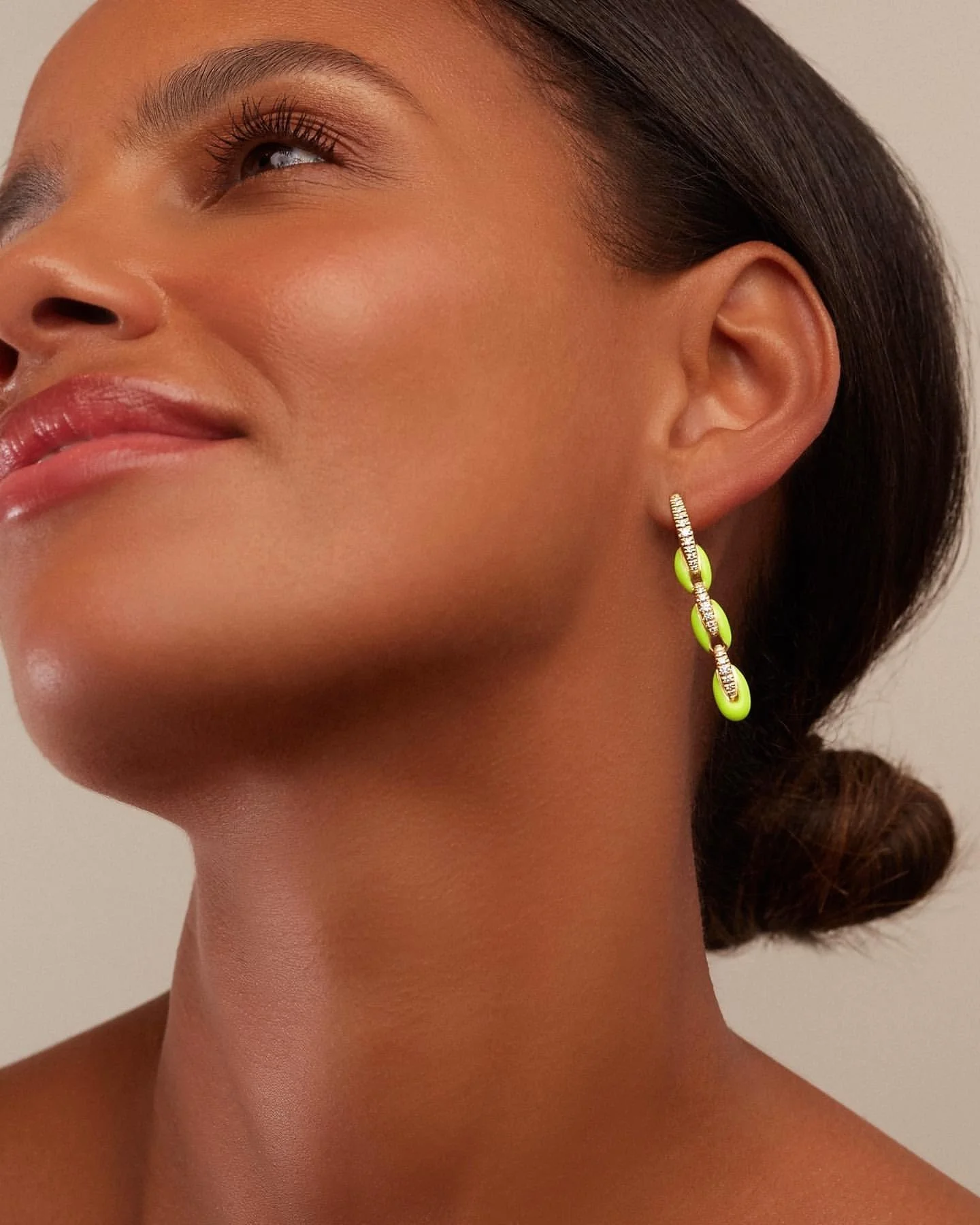 

Trendy gold plated colorful coffee bean chain charm dangle women jewelry cz hoop earring, Picture