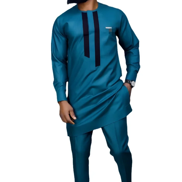 

M-4XL African Ethnic Style Solid Color Men's Round Neck Suit Set 2-Piece 2 piece set of long jacket and pants