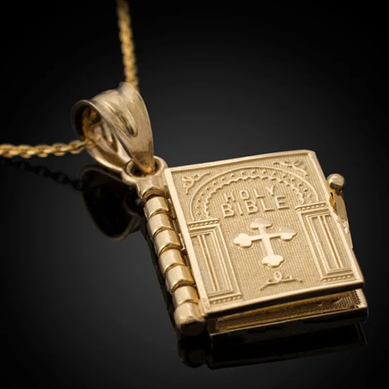 

Wholesale 18K Gold Plated Jewelry Engraved 3D Holy Bible Book Prayer Jewelry Religious Custom Pendant Necklace For Men Women