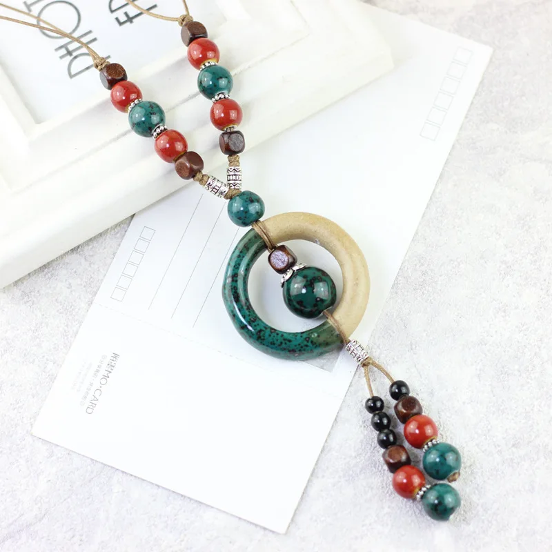 

Bohemian Necklace for Women Ceramic Sweater Chain Vintage Long Neck Chain Casual Boho Hand-woven Pendant Beaded Necklace, Picture