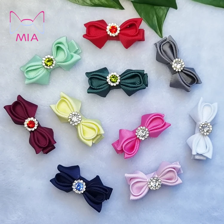 

Free Shipping New Boutique Handmade Colorful Solid Ribbon Grosgrain Rhinestone Hair Bow With Clips For Kids Girls Hair Accessory, Picture shows