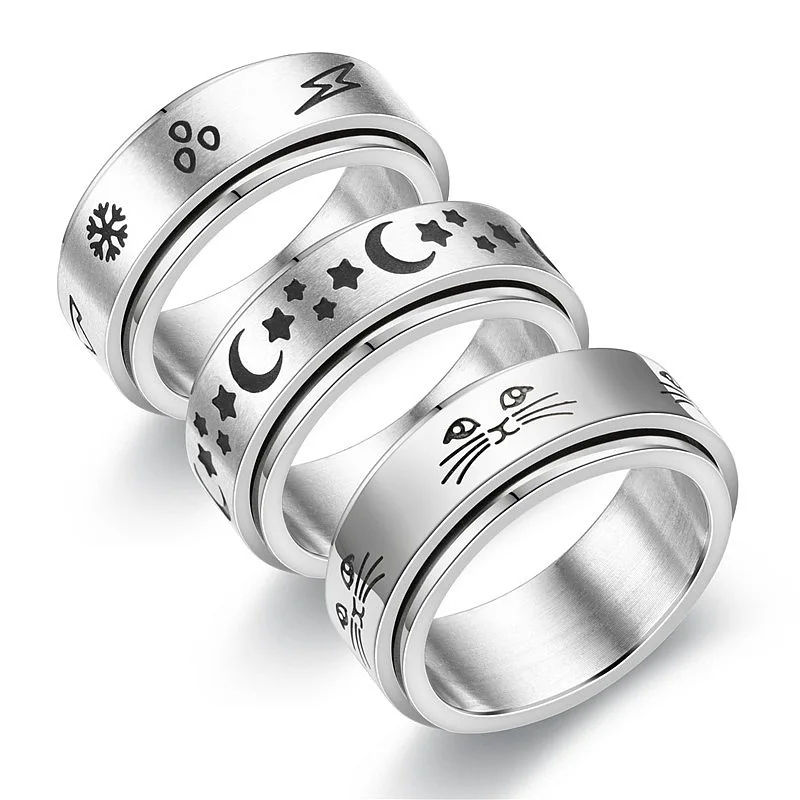 

Hot Sale Multi Design Titanium Spinner Rings Moon Star Rotating Freely Stainless Steel Ring chain ring, Silver color