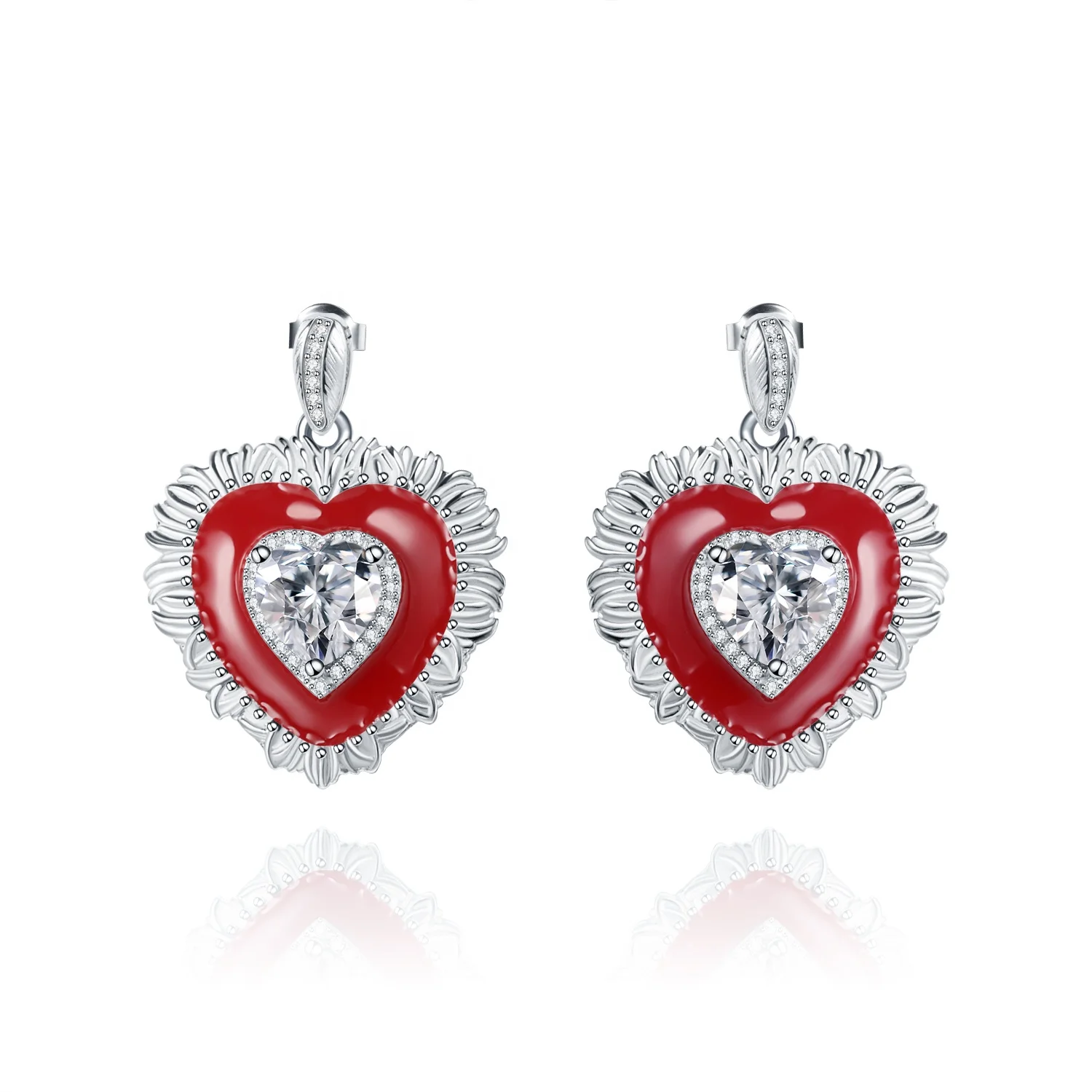 

Abiding Women Jewelry 925 Sterling Silver White CZ Diamond Earrings Red Stone Earring Enamel Heart Sunflower Earrings