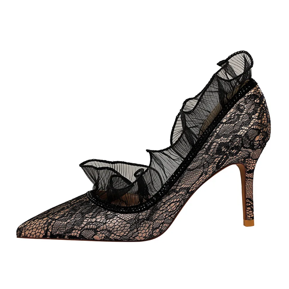 

8862-2 European and American sexy banquet slim stiletto high heel shallow mouth pointed side hollow diamond lace women's shoes