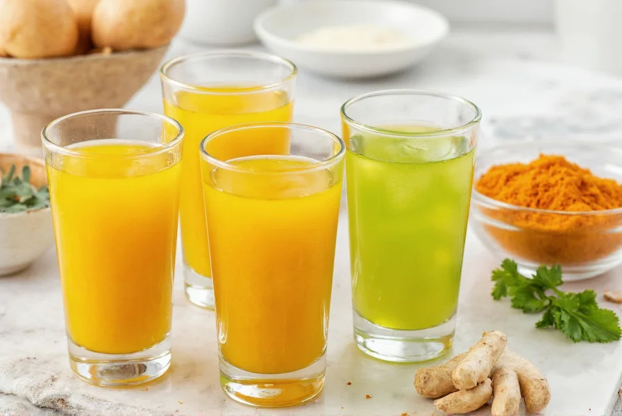 Four small glasses of turmeric ginger shots with different natural additives like garlic, cilantro, and aloe vera