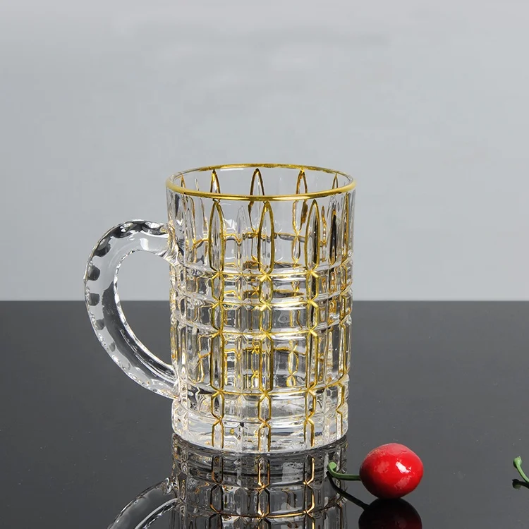 

GOLDEN LINE GRID DESIGN CRYSTAL CLEAR GLASS LARGE BEER MUG CUP WITH HANDLE, Gold