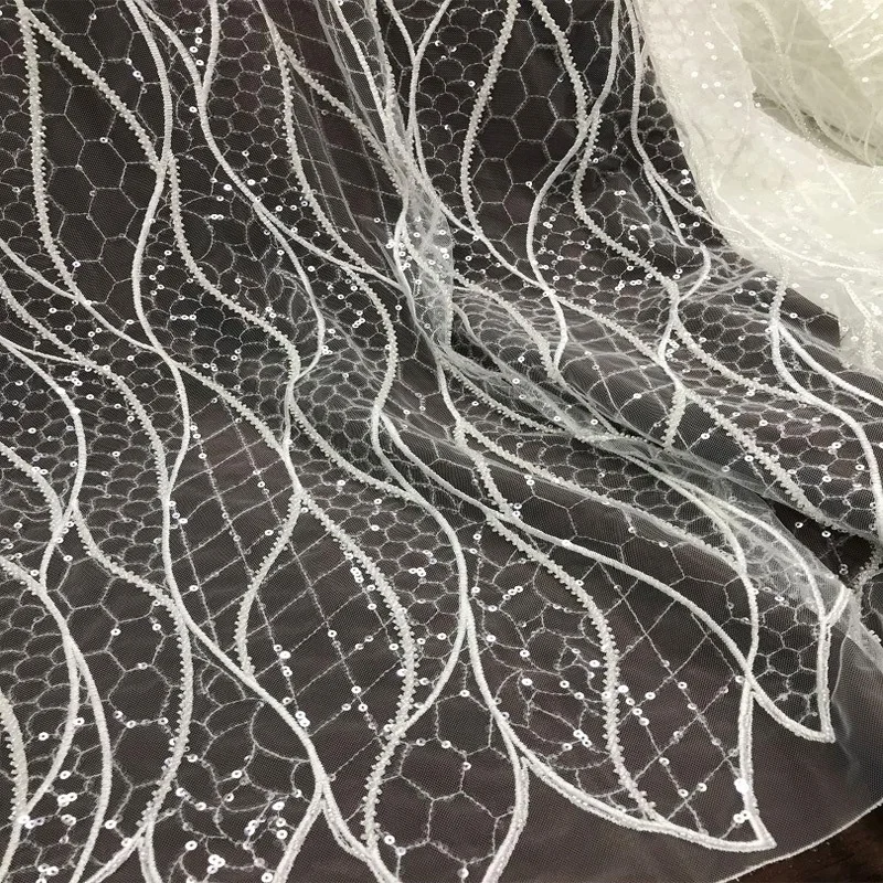 

Luxury wedding embroidered mesh beaded lace wedding fabric with sequins, Accept customized color