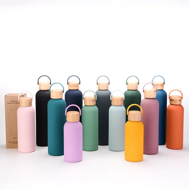 

New Product 500ml Colorful thermos With Wooden Lid Classic Stainless Steel Insulated Water Bottle With Handle