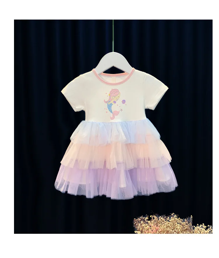 

Summer New Style Tshirt Rainbow Kids Dresses Girls Cake Dress Children Mosaic Rainbow Skirt Gauze Princess Baby Skirt, Customized color