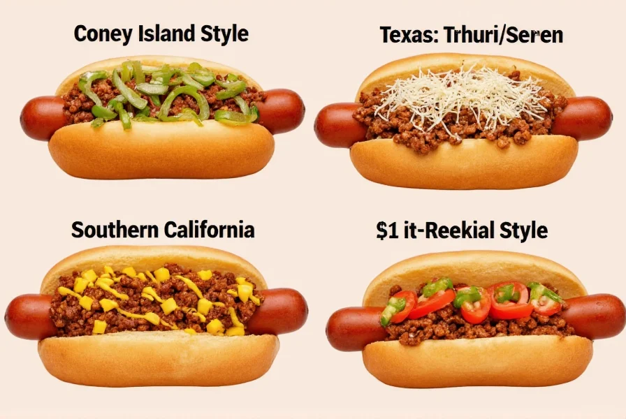 Regional variations of chili dogs including Coney Island style, Southern California version, and Texas-style with different toppings and chili preparations