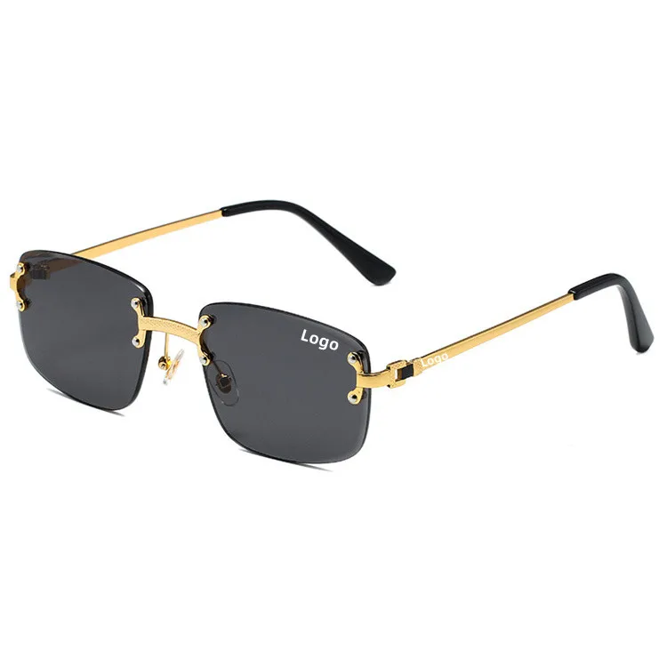 

Wholesale Price Vintage Metal Luxury Custom Logo Frameless trendy sunglasses 2023 luxury rectangle rimless sunglasses men women