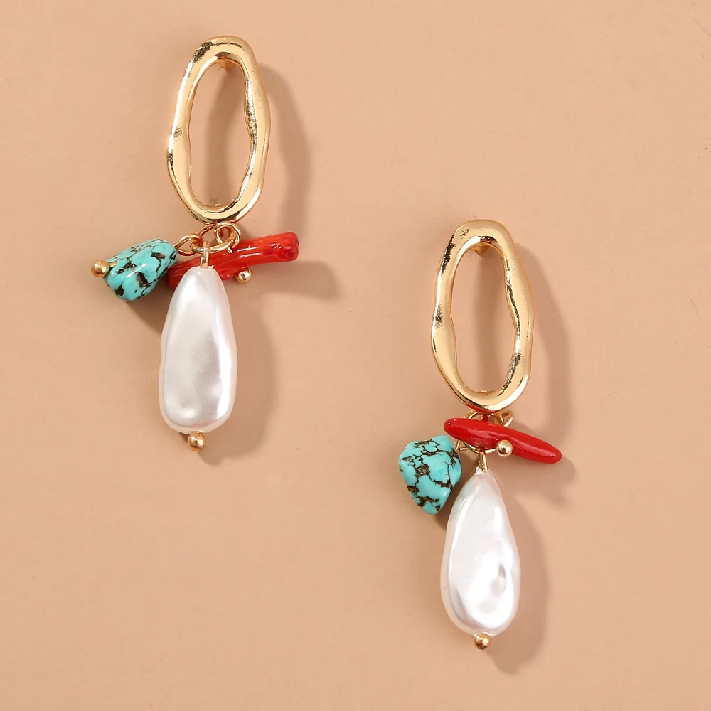 

Natural Turquoise Coral Baroque Pearl Earrings With Oval Alloy Ear Hooks