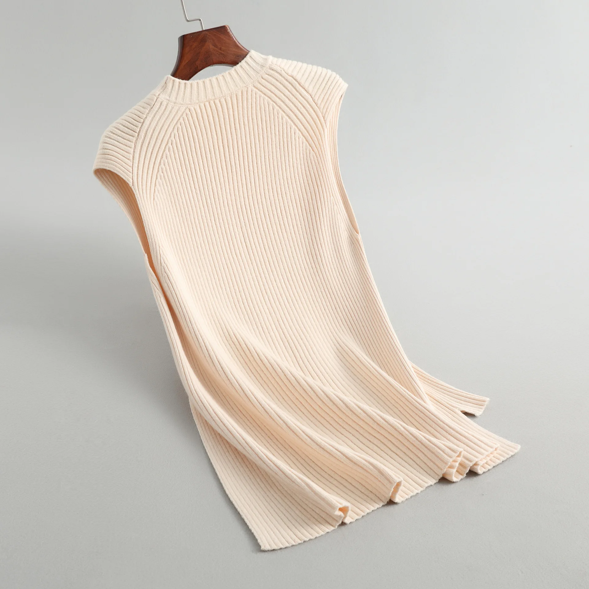 

A033 Women O Neck Irregular Length Sleevevess Sweater Korean Fashion Split Knit Pullovers Plain Color Knitwear Clothes