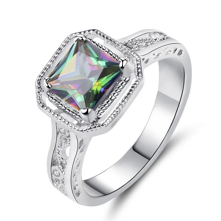 

Cut Cubic Zirconia CZ Green Mystic Topaz Solitaire Ring Square Rainbow Fire Mystic Topaz Wedding Ring, As picture