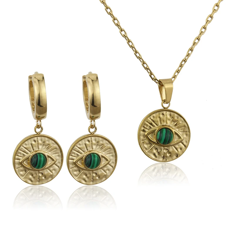 

INS HOT Eye Pattern 18k Waterproof Stainless Steel with Natural Stone Fashion Jewelry Set Malachite Pendant Necklace And Earring, Gold color