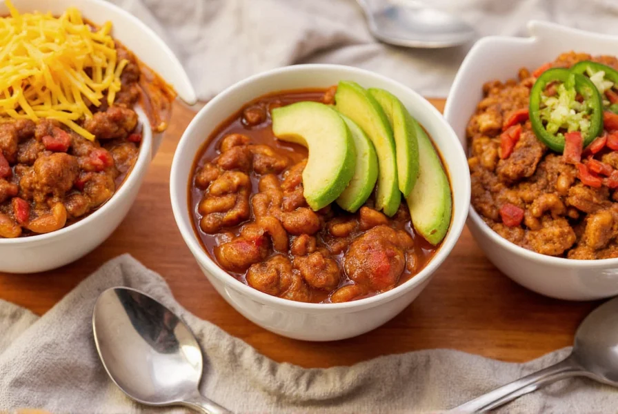 Three bowls of chili with different toppings: classic with cheese, vegetarian with avocado, and spicy with jalapeños
