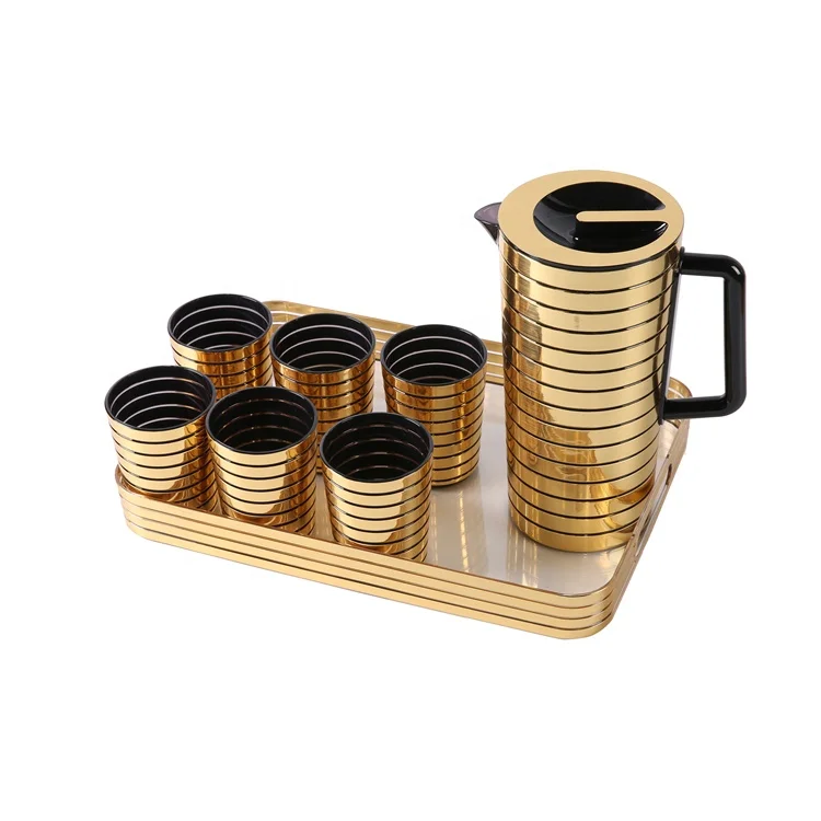 

Wholesale Gold PS Plastic Water Pitcher Drinkware Daily Life Water Jug Set With Cup And Tray