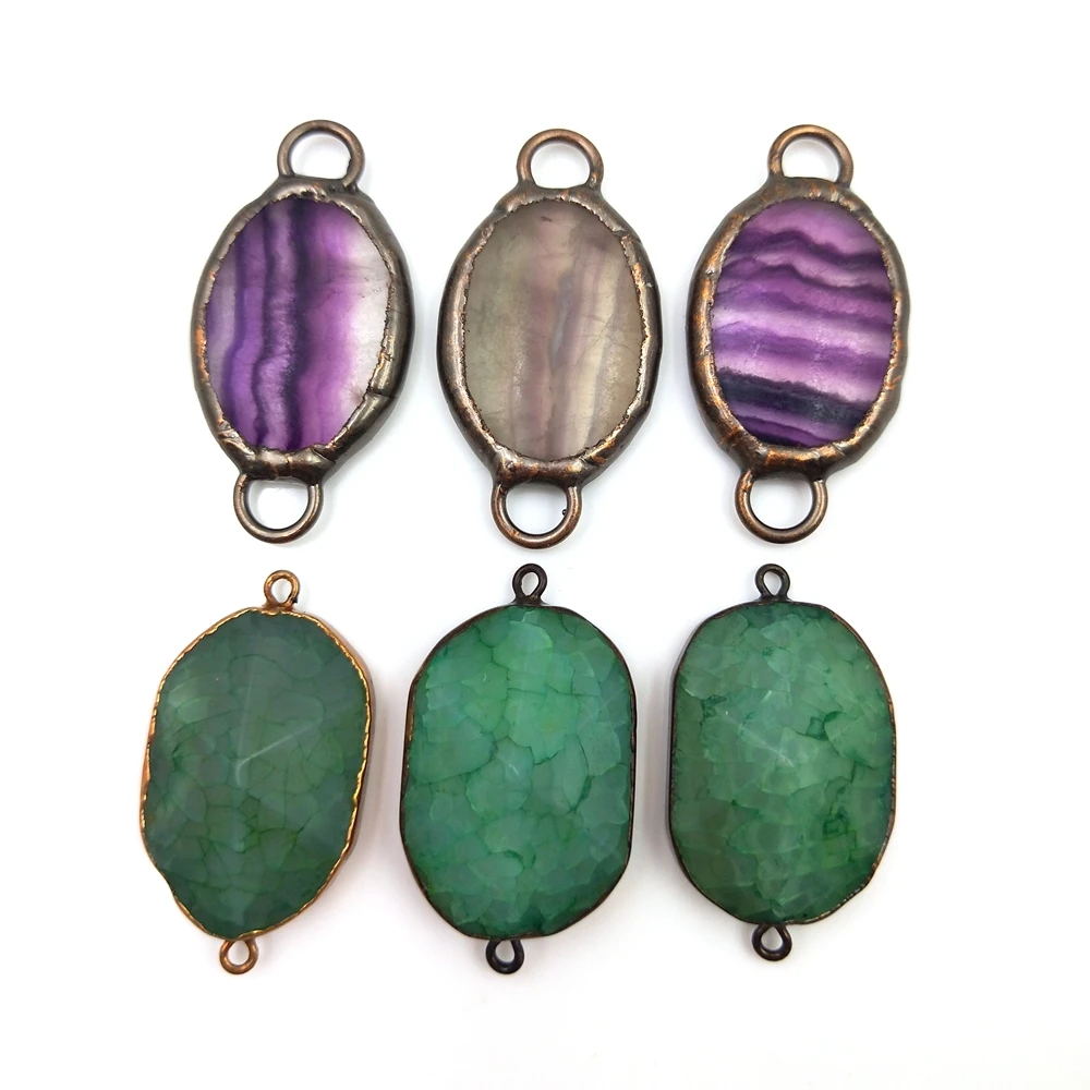 

natural fluorite connector oval shape green crystal two loops pendant bronze edge healing stone charms jewelry bracelet making, Multi
