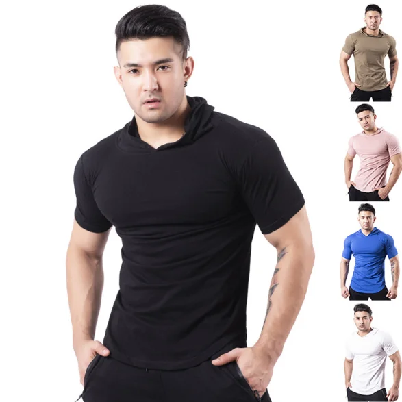 

European and American sports short sleeve T-shirt men's solid color hooded fitness wear outdoor basketball sweat running clothes