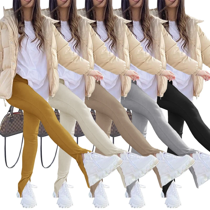 

2021 Office Pants Women Flared Legging Solid Casual Slim Spring Summer Trousers Side Split Hem Pants Women, As picture