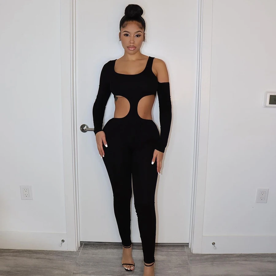 

2022 new sexy bodycon Wholesale Price Bodysuit Solid color Hollow Out Long Sleeves Autumn Winter Women Jumpsuit