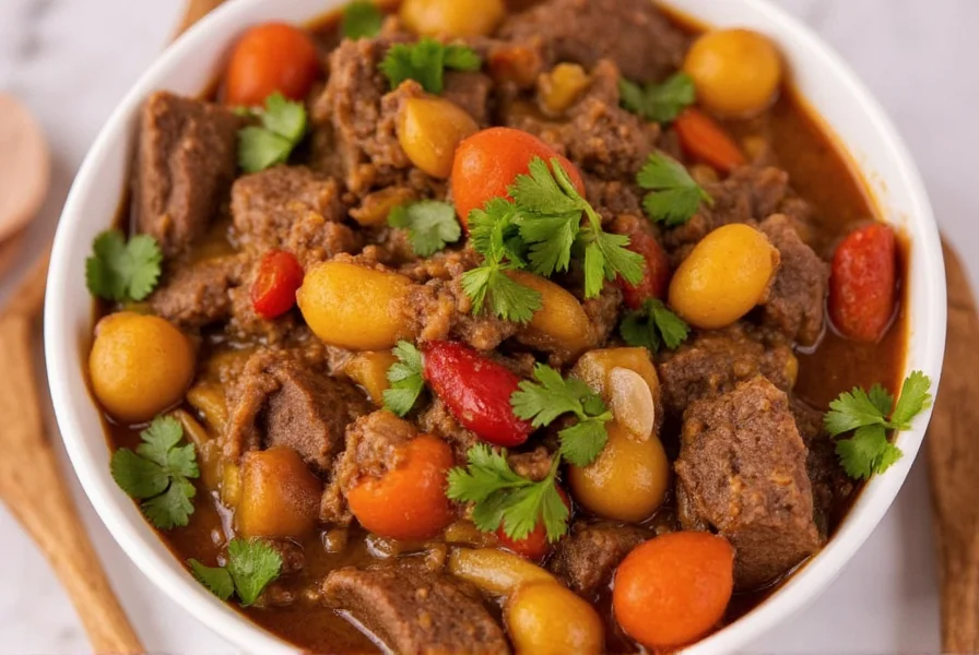 Peruvian beef stew served with rice and garnished with parsley