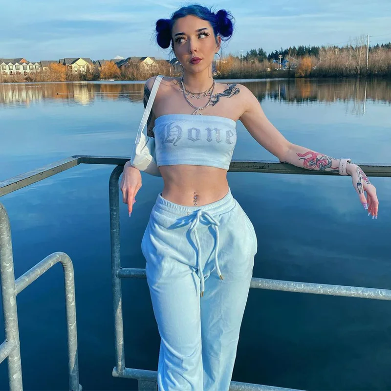 

B27055 - pants and tube top fashion casual sleeveless rhinestones letter women two piece pants set