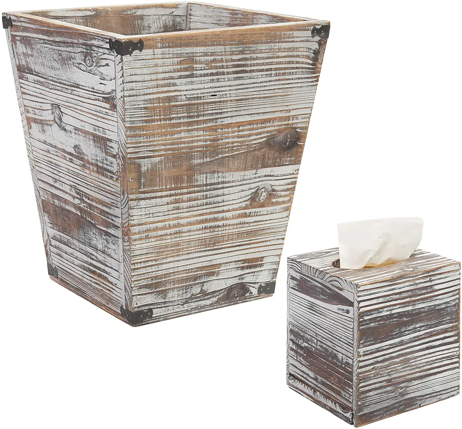 

Farmhouse Style 2 Item Bundle, Rustic Torched Wood Square Tissue Box Cover with Slide-Out Bottom Panel and Wastebasket Bin with, Customized