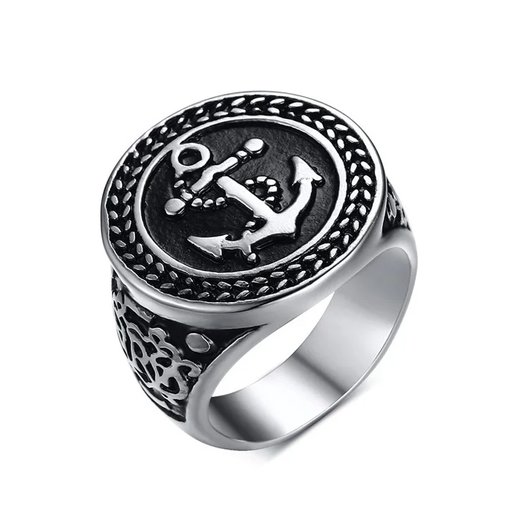 

Wholesale black stainless steel mens anchor shape ring, Silver with black