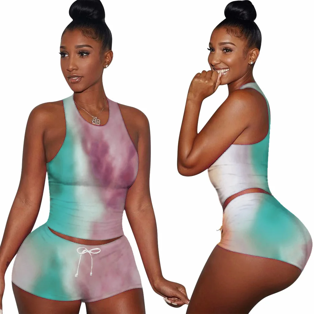 

New Woman Gym Suit Sport Bra Crop Top Yoga Shorts Sexy 2 Piece Short Outfits Mini Two Piece Skirt Set, Picture color