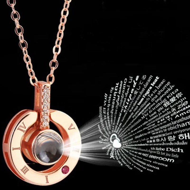 

2021 Rose Gold Silver 100 Languages I Love You Statement Necklace Love Memory Pendant Jewelry Necklace, Picture