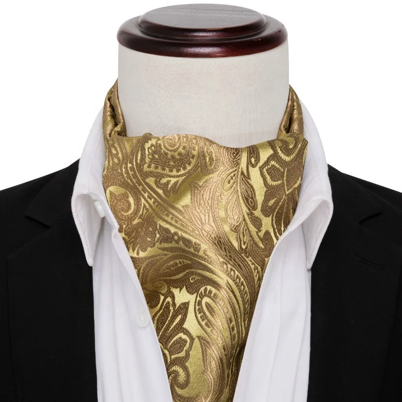 

Hot Sale Classic Yellow Gold Floral Paisley Mens Silk Ascot Cravat Set