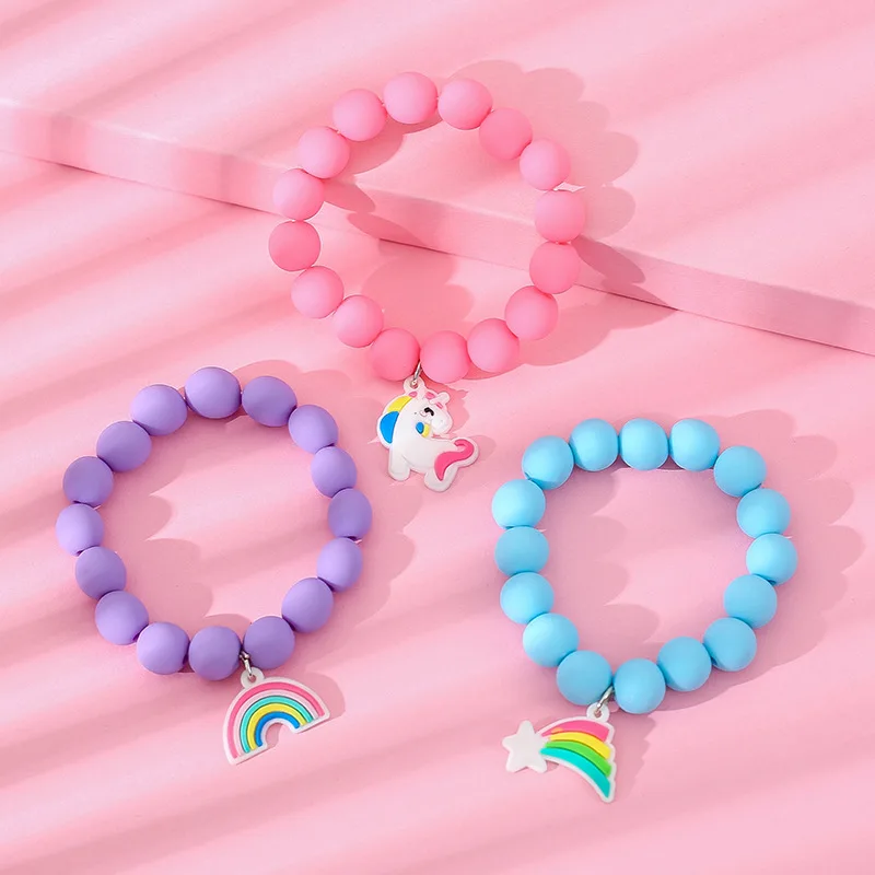 

Cute 3Pcs/Set Rubber Paint Acrylic Rainbow Beads Bracelet Candy Colors Resin Unicorn Charm Beaded Bracelet Children Jewelry Set, Picture shows