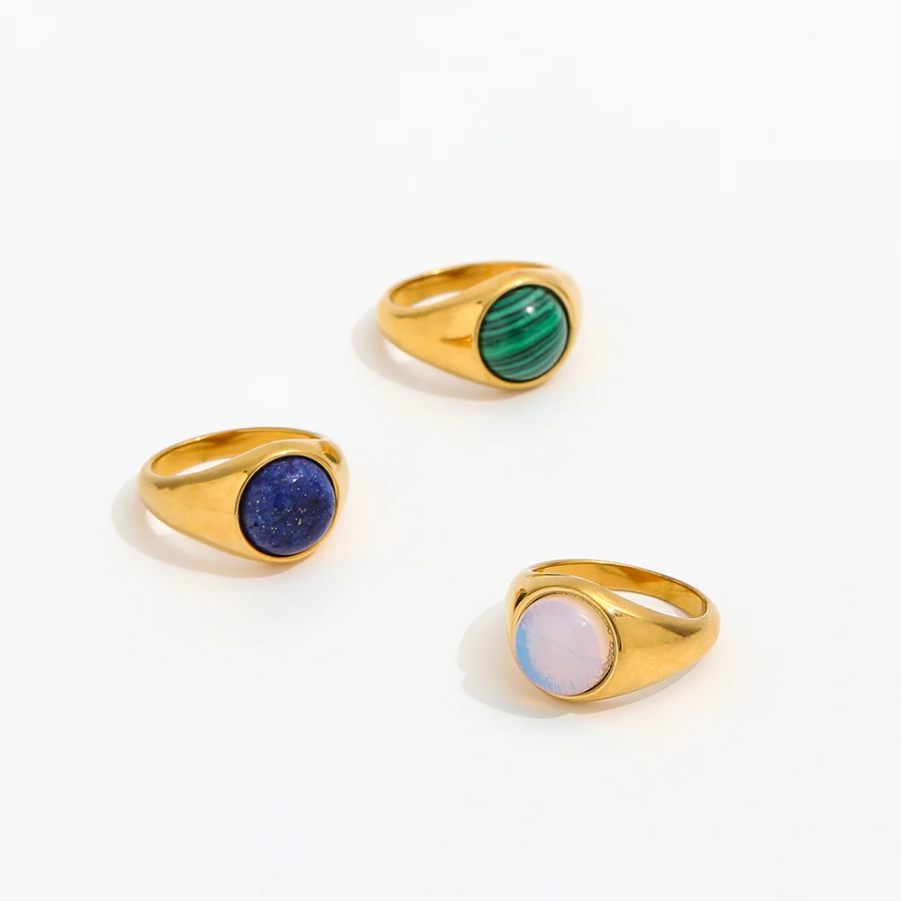 

Joolim Stainless Steel Jewelry Wholesale 18K Gold Plated Round Black Colorful Agate Natural Stone Rings for Women Dainty Rings