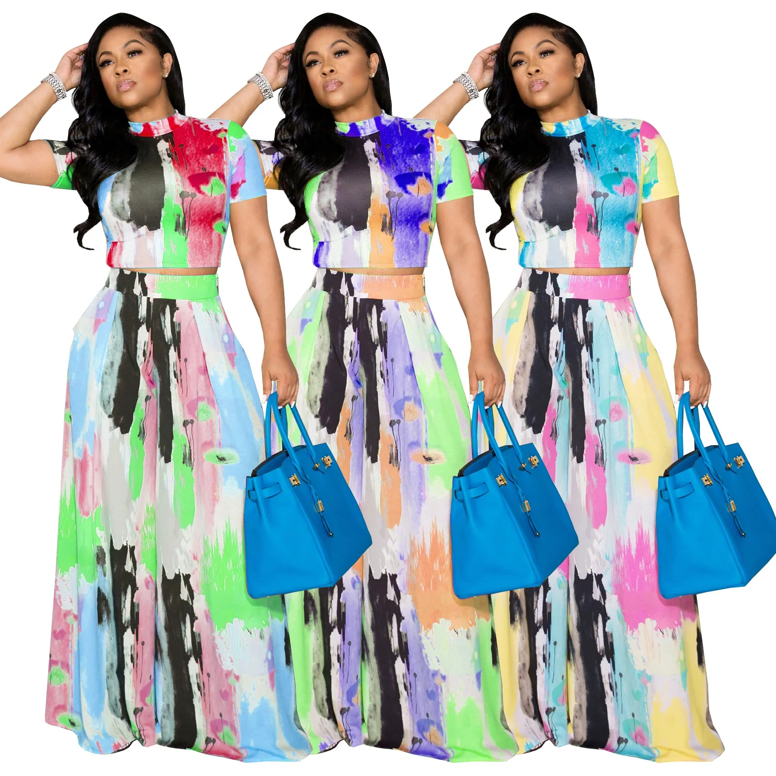 

Wholesale Fashion Ladies Fashion 2 Piece Sets Tie-dye print athleisure wide-leg pantsuit