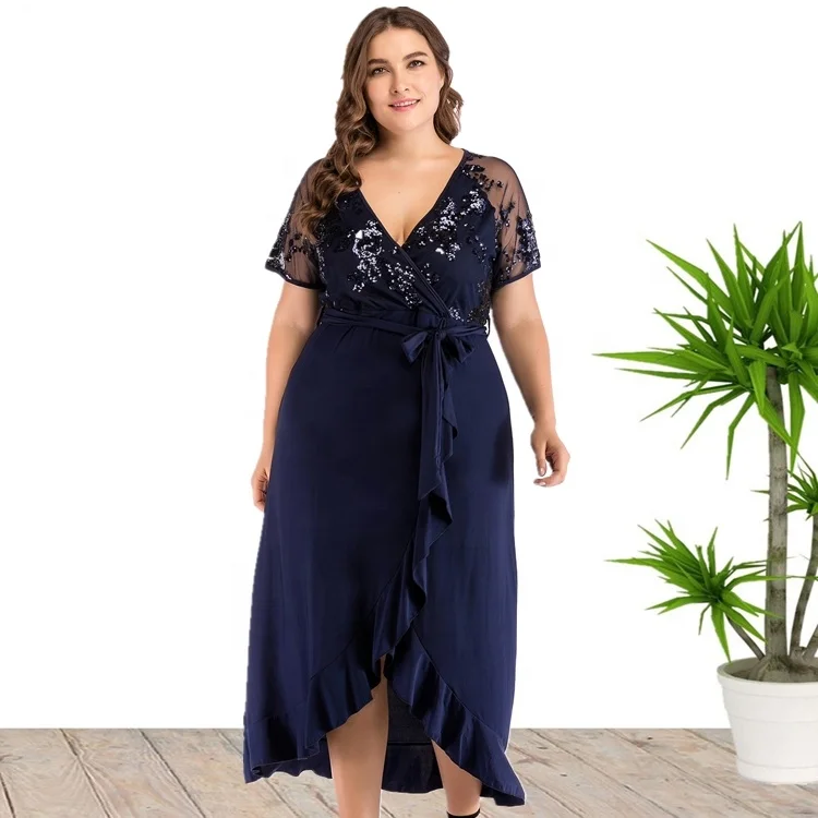 

Dropshipping 5XL Blue Plus Size Short Sleeve Summer Midi Skirt Dresses For Elegant Ladies