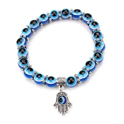 

Hot Sale Jewelry Turkish Evil Eyes Hand Charm Bracelet Adjustable Silver Hand 8mm Acrylic Beads Evil Eyes Bracelet for Women